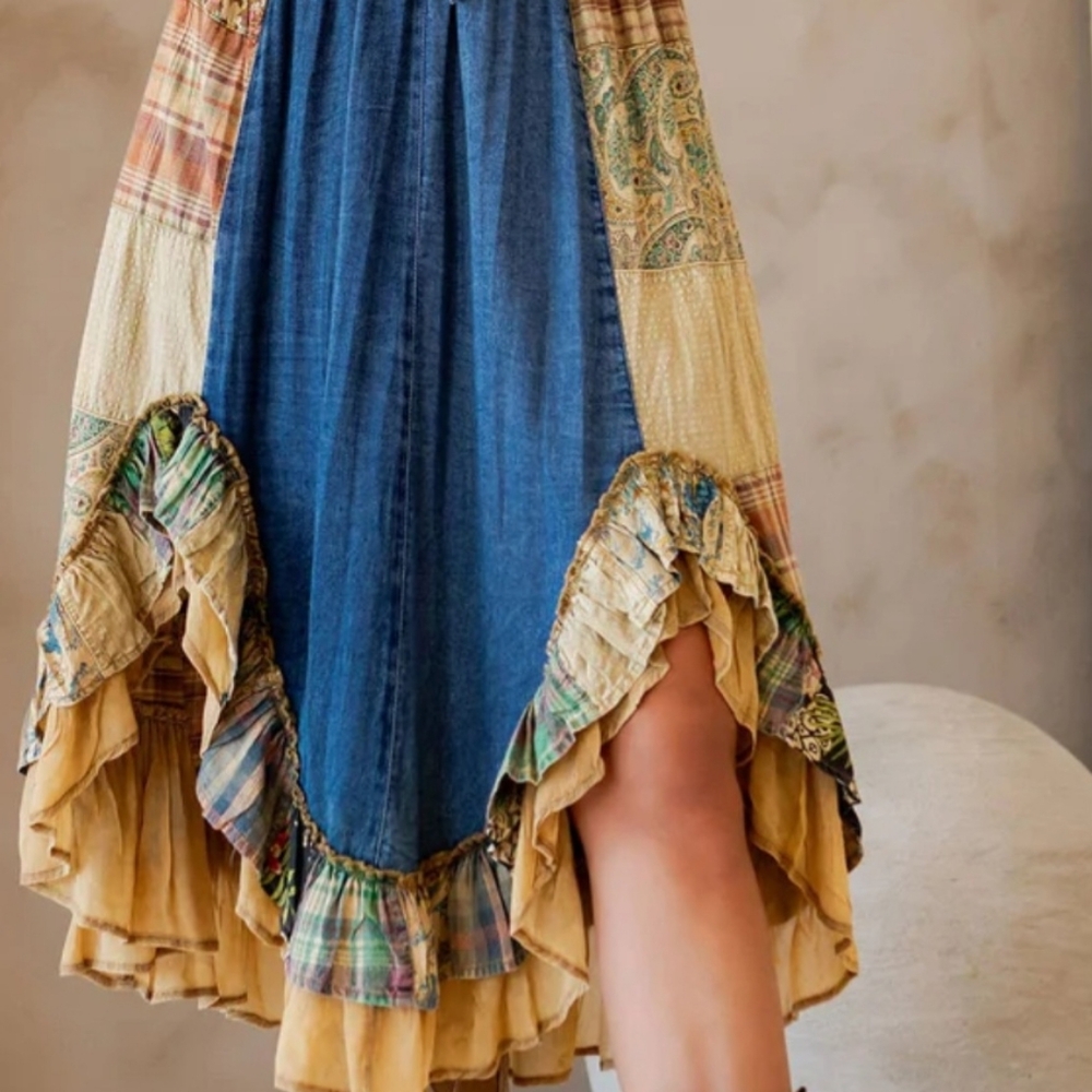 Bohemian Patchwork Denim Skirt